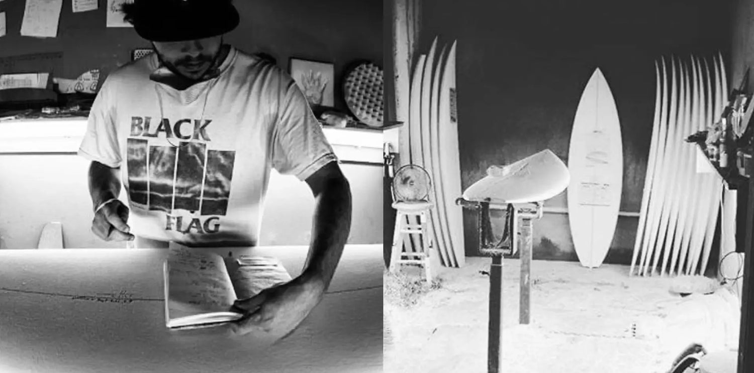 Collage of DJ Kane shaping a DK Surfboard and the Shaping Room