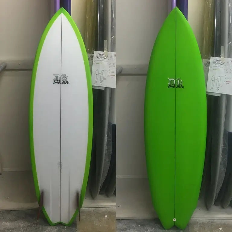 Revenant Twin Fin Surfboard Green and White Front and Back