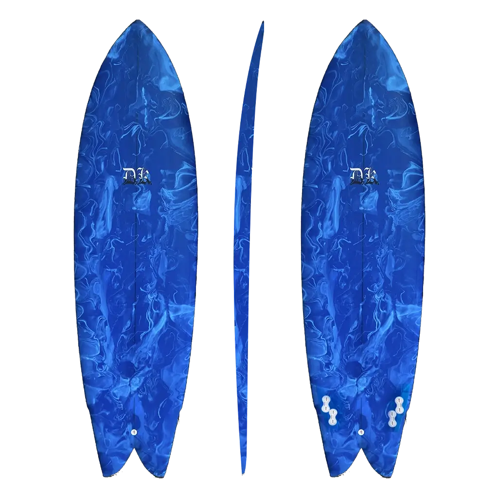 Twinzer Fish Surfboard Blue Liquid Design Front Back Side