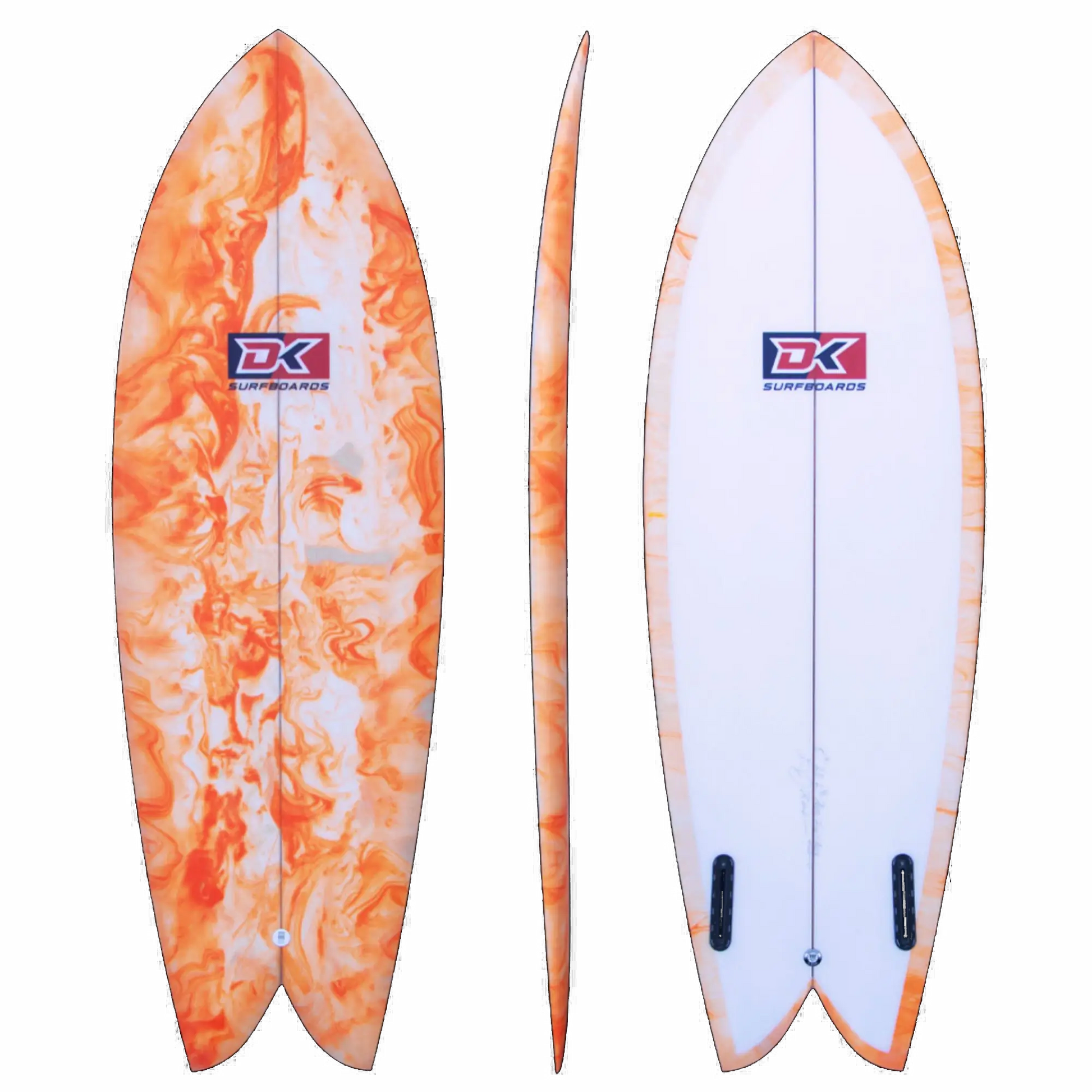 Keel Fish Surfboard Orange Liquid Front Back Side