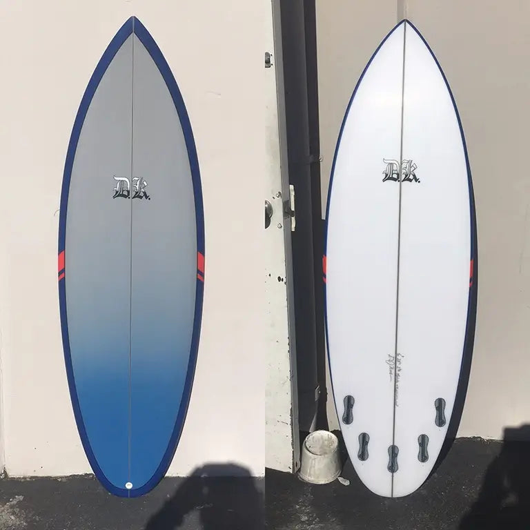 Machete Surfboard Blue Trim Red Stripe Graphics Front Back