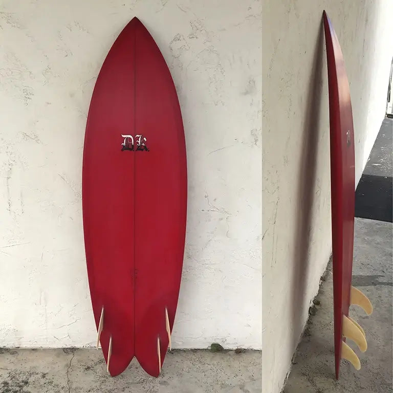 Swordfish Surfboard Red Back and Side with Fins