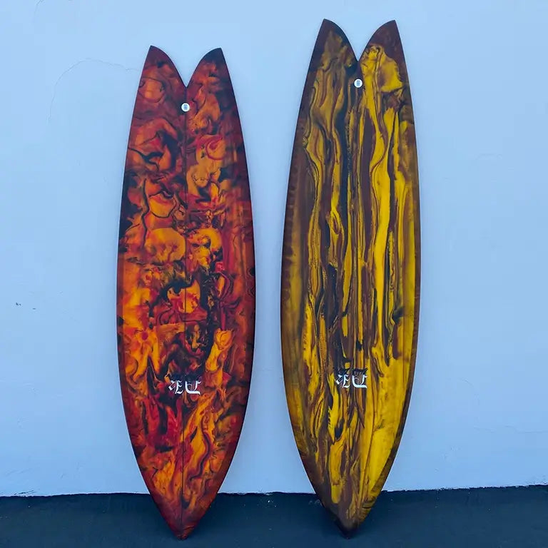 Swordfish Surfboard Red Liquid Graphic and Yellow Liquid Graphics